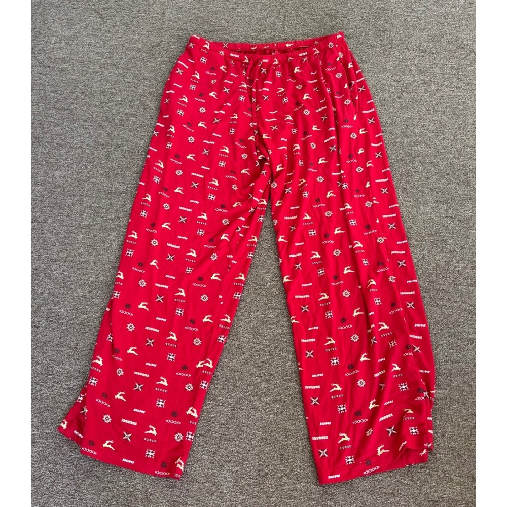 NWOT SKIMS Holiday Sleep Pants Red Reindeer Snowflake Logo‎ Wide Leg Lounge M